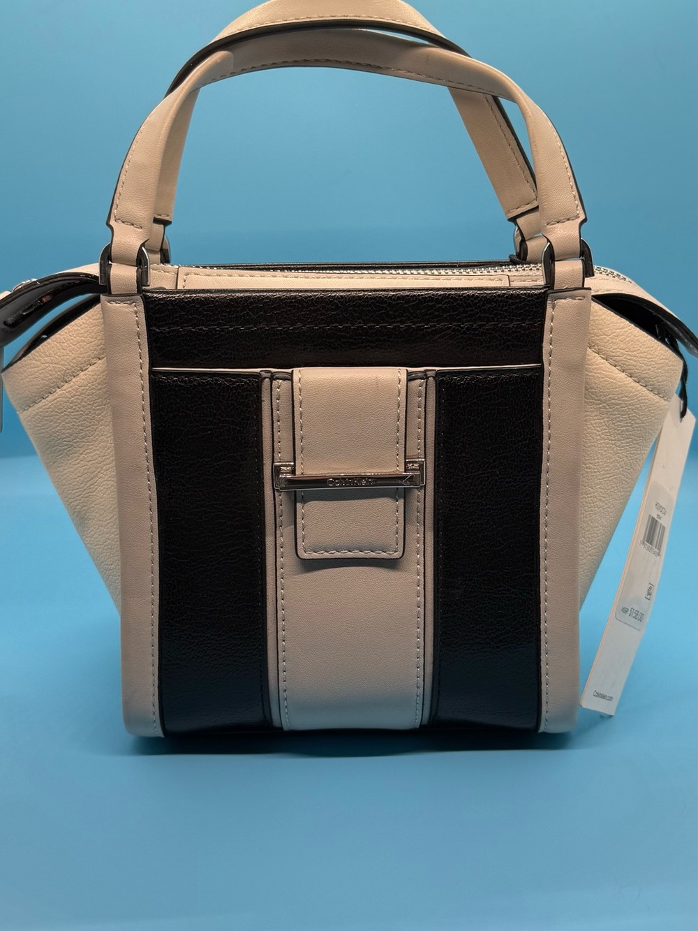 NWT Calvin Klein Colorblock Satchel Handbag Black Cream Taupe